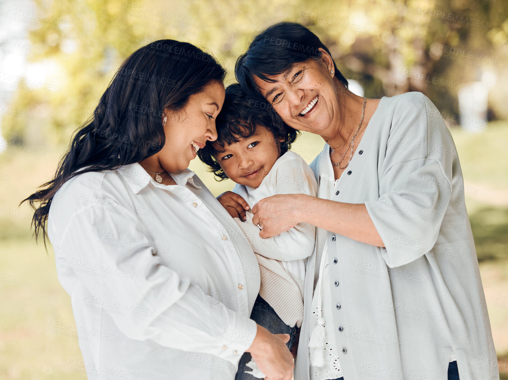 Buy stock photo Portrait of woman, mother or child in garden with love or care on mothers day or women bonding. Retirement, smile  or mom in park together on a happy family holiday vacation with kid or proud grandma