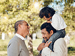 Senior father, piggyback and child in park for bonding fun, games and trust in backyard garden. Smile, happy and playing dad carrying boy kid on shoulders with parent, family and senior grandfather