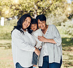 Portrait of woman, mother or child in garden with love or care on mothers day or women bonding. Retirement, smile  or mom in park together on a happy family holiday vacation with kid or grandma