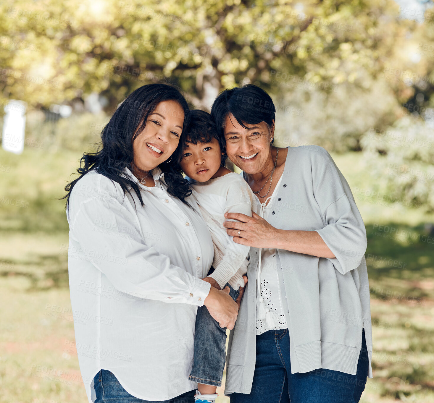 Buy stock photo Portrait of woman, mother or child in garden with love or care on mothers day or women bonding. Retirement, smile  or mom in park together on a happy family holiday vacation with kid or grandma