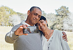 Hug, selfie or old couple in park with love, smile or support with romance, bonding or marriage together. Photograph, old man or elderly woman taking pictures in retirement with happiness together