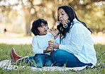 Bubbles, nature and mother with child on a picnic for bonding time together on grass in summer. Happy, love and young mom with her boy baby kid blowing liquid for playing in an outdoor green garden.