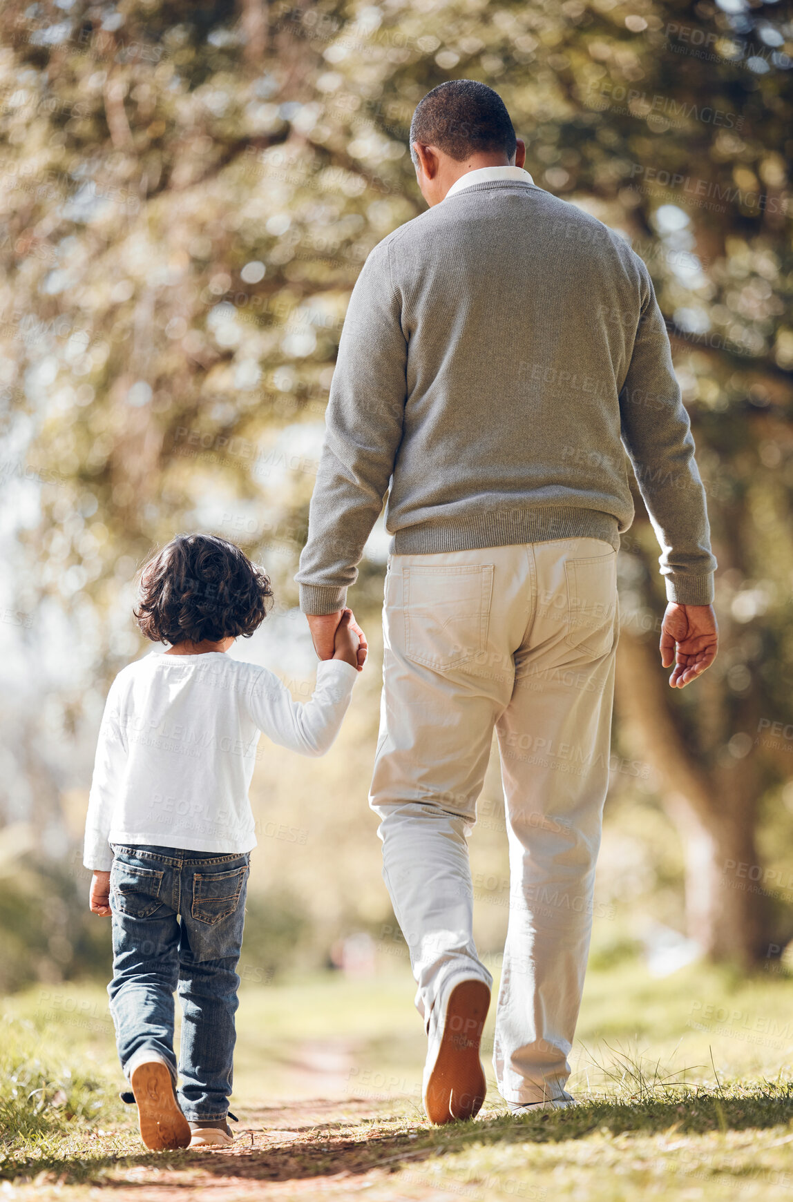 Buy stock photo Back, holding hands and a child with a grandfather in nature for walking, bonding and care. People, family and a senior man with a kid and support, trust or together in a park or garden for love