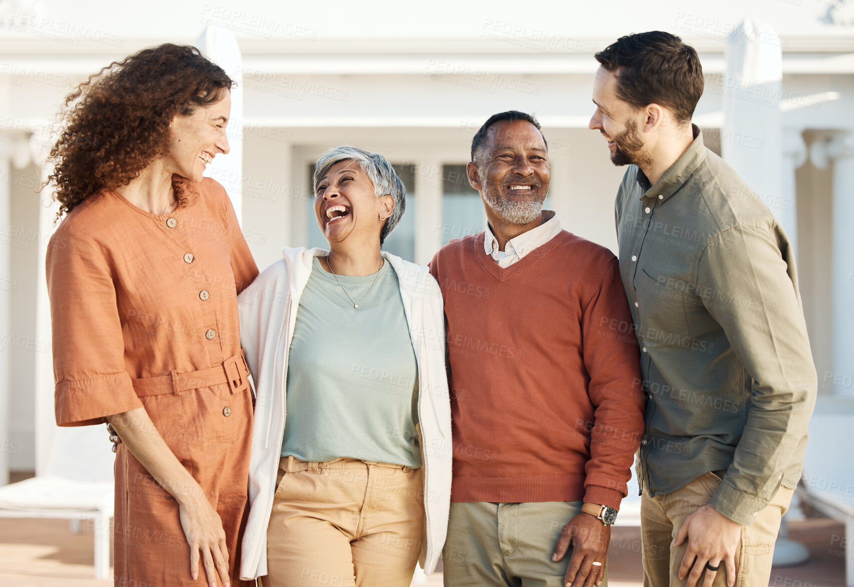 Buy stock photo Happy family, parents and couple at a new home due to real estate laughing together and bonding as love or care. Outdoor, man and woman with elderly people with happiness for quality time at a house