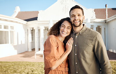 Buy stock photo Portrait, couple and outdoor of new home, real estate and happy for moving to residential property. Man, woman and hug in garden of house for investment, mortgage loan and homeowner in neighborhood