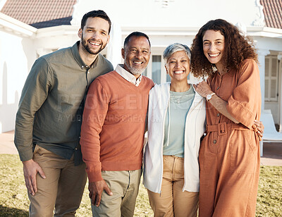 Buy stock photo Happy family, parents and portrait of couple at new home due to real estate laughing together and bonding as love. Outdoor, man and woman with elderly people with happiness for quality time at house