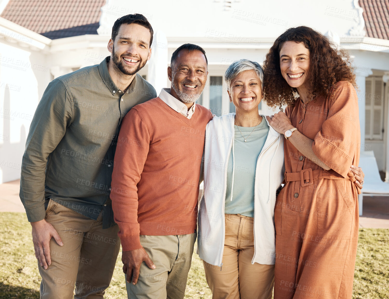 Buy stock photo Happy family, parents and portrait of couple at new home due to real estate laughing together and bonding as love. Outdoor, man and woman with elderly people with happiness for quality time at house