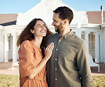 Happy, couple and hug outdoor of new house, real estate and moving to residential property for rental. Man, woman and homeowner smile in garden for investment, mortgage finance and dream neighborhood