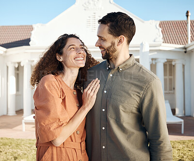 Buy stock photo Happy, couple and hug outdoor of new house, real estate and moving to residential property for rental. Man, woman and homeowner smile in garden for investment, mortgage finance and dream neighborhood