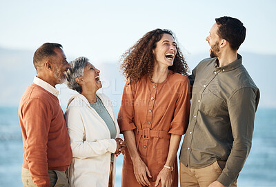 Buy stock photo Funny, happy and travel with big family at beach for summer vacation, care and support. Love, smile and happiness with senior parents and couple laughing in nature for holiday, relax and bonding