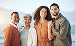 Couple, portrait and mature parents at beach on holiday, vacation or travel. Face, family men and women at ocean for interracial connection, bonding and having fun together, smile and happy at sunset