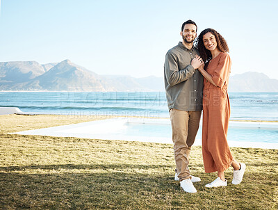 Buy stock photo Couple, outdoor pool and portrait with love, garden and happy from travel by the ocean. Smile, hug and gratitude from a woman and man together with care on vacation and relax at new holiday home