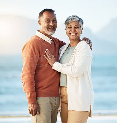 Buy stock photo Senior couple, beach portrait and smile with hug, care and bonding for love, romance and vacation by sea. Mature man, woman and together with marriage, trust and sunshine on holiday in Indonesia