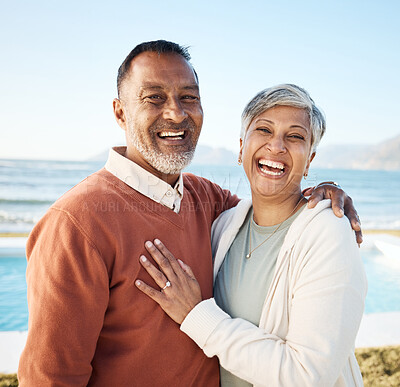 Buy stock photo Beach, laughing and portrait of senior couple on vacation or holiday together with love in nature at sea or ocean. Elderly, man and woman relax with happiness, care and smile on retirement bonding 