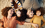 Picnic blanket, family and bonding outdoor from above in a park with a smile, love and care. Mother, dad and children together laughing with happy young and kids on holiday with mom and father