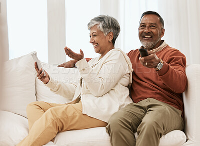 Buy stock photo Laugh, phone and senior couple watching tv series, comedy movie or streaming subscription video, media or funny film. Humour, cellphone and relax elderly people watch television on home lounge sofa