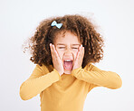 Child, scream and hands on face in studio for fear, bad news or announcement for horror or anxiety. Face of a young girl kid isolated on a white background and shouting while scared, terror or scared