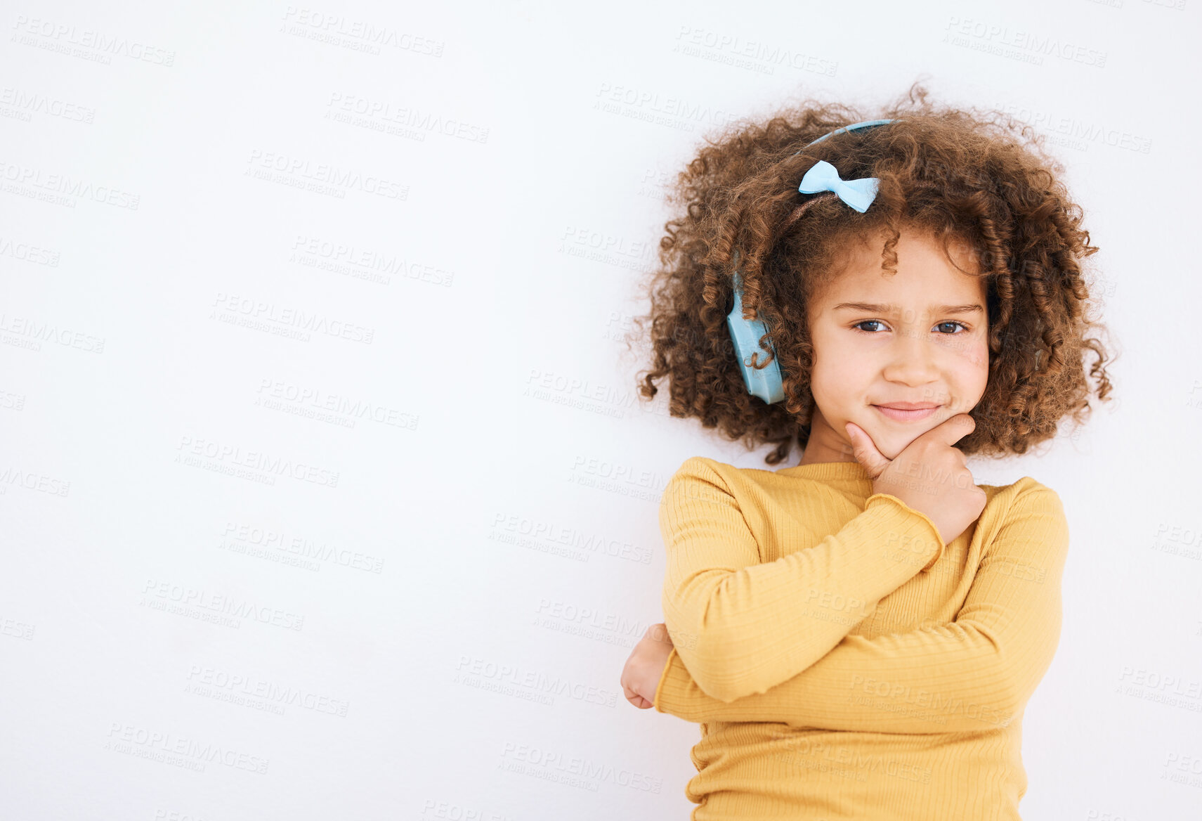 Buy stock photo Child, headphones and portrait with music, radio streaming and web audio in a studio. Happy, young girl and kid with white background and mockup space for marketing with kids sound and listening