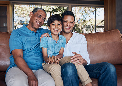 Buy stock photo Portrait, laugh and happy family generation of child, father and grandfather relax, connect and smile for funny joke. Lounge couch, comedy humour and sitting kid, dad and grandpa bond in Brazil home