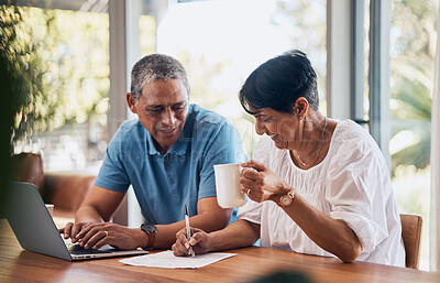 Buy stock photo Senior couple, documents and planning for home, investment or budget, retirement or pension on laptop. Elderly woman and man signature on paper for asset management, loan agreement or life insurance