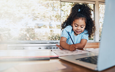 Elearning, laptop and child with notebook in kitchen, learning and education in home school. Online class, studying or writing exam, happy girl with homework in house for kindergarten project mockup.