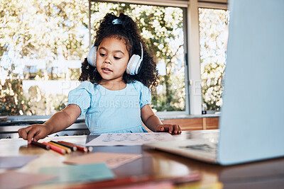 Buy stock photo Online class, home and girl with a laptop, headphones and learning with education, study and connection. Person, student or kid with a pc, headset and virtual with notebook, draw or child development