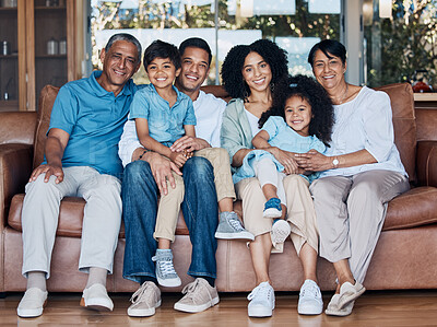 Buy stock photo Happy, portrait and relax with big family on sofa for smile, bonding and peace. Love, generations and grandparents with parents and children in living room at home for vacation, cuddle and embrace