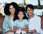 Grandma, mother and daughter on couch, portrait and smile with care, love and bonding in family house. Mom, grandmother and kid with generations, embrace and happy for memory, living room and home