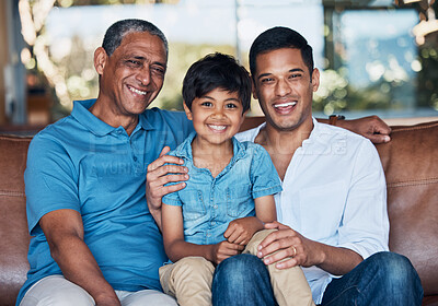 Buy stock photo Grandfather, dad and son on sofa, portrait and smile with care, love and bonding in family home. Father, senior man and child with generations, embrace and happy for memory, living room and house