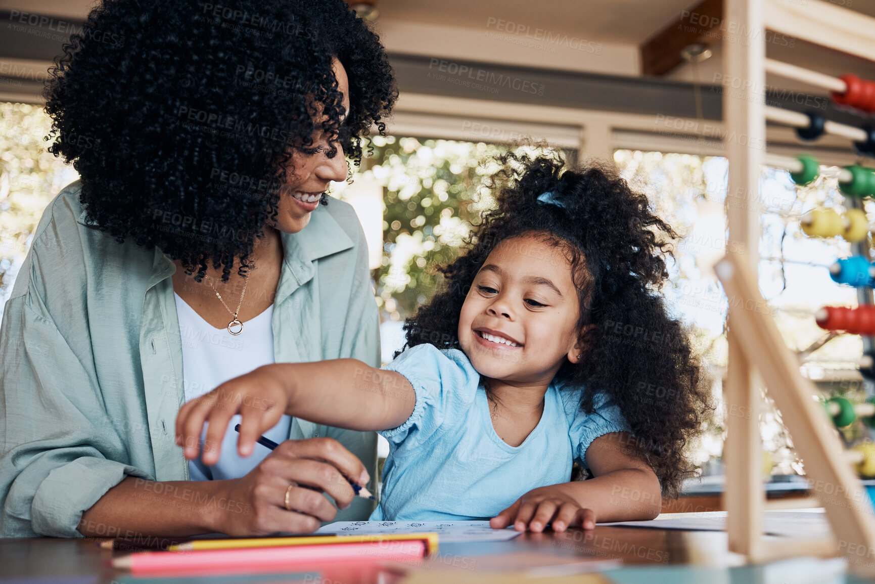 Buy stock photo Happy, learning and a mother with a child for homework, education support and together for teaching. Smile, family and a young mom with a girl kid for writing, project or studying in a house