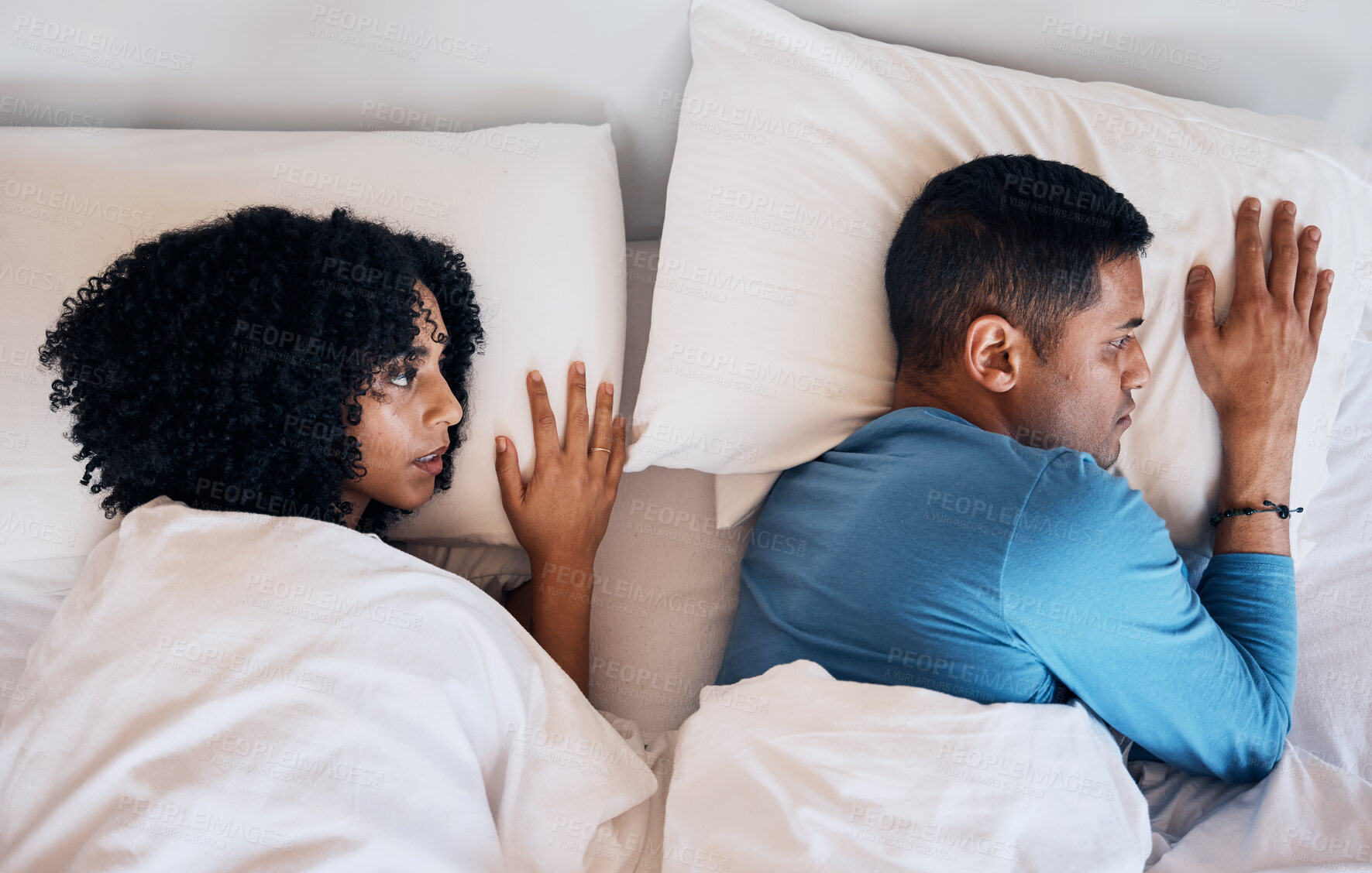 Buy stock photo Frustrated couple, fight and lying in bed conflict, divorce or argument from disagreement or dispute at home. Top view of woman and man in breakup, cheating affair or toxic relationship in bedroom