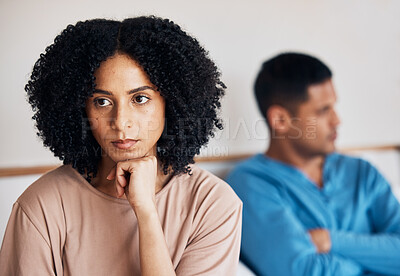 Buy stock photo Frustrated couple, fight and conflict in divorce, argument or disagreement on bed from dispute at home. Upset woman and man in breakup, cheating affair or toxic relationship in bedroom at the house