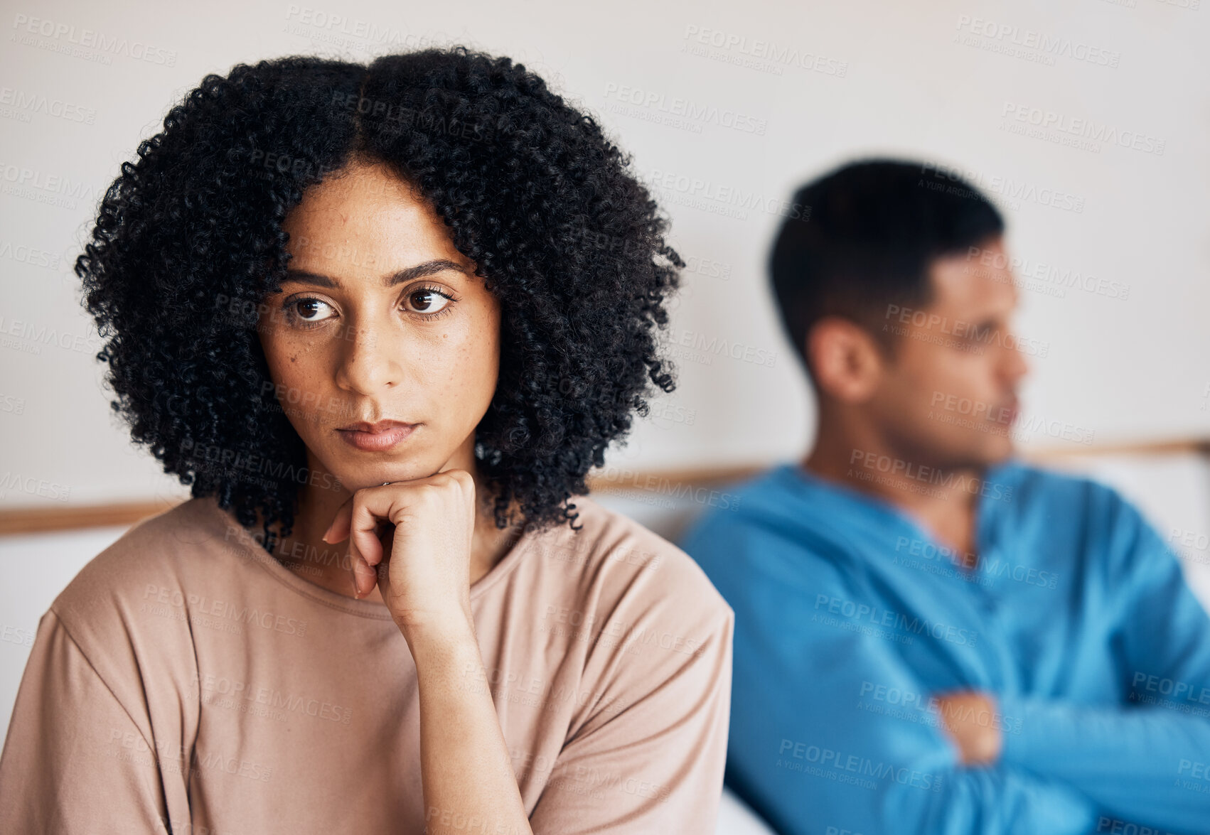 Buy stock photo Frustrated couple, fight and conflict in divorce, argument or disagreement on bed from dispute at home. Upset woman and man in breakup, cheating affair or toxic relationship in bedroom at the house