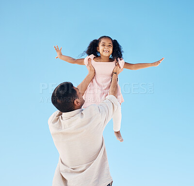 Buy stock photo Portrait, blue sky and a child with dad for playing, lifting freedom and together in summer. Fun, family and a girl kid with a dad holding for flying, love and bonding on a vacation as happy people