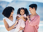 Happy family, hug and girl with mother and grandmother at the beach with freedom, fun and bond in nature. Love, smile and child with mom and grandma at sea for travel, vacation or ocean trip in Miami