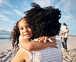 Beach, hug and kid portrait with travel on summer holiday with parent bonding and love together. Sea, vacation and smile of a young child with mom and happy by the ocean with support and family care