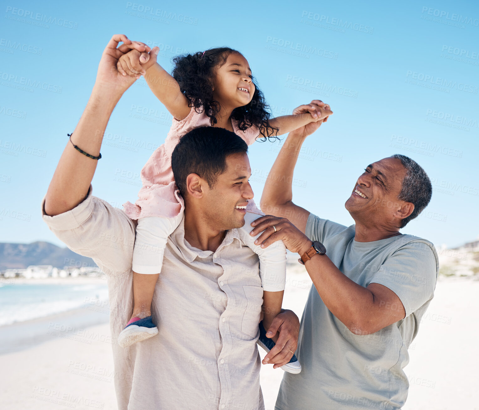 Buy stock photo Beach, airplane and girl child with parent, grandpa and holding hands with freedom. Flying, love and happy family at sea for piggyback fun, playing and travel, smile and ocean shoulder game bonding