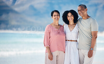 Buy stock photo Beach, senior parents and daughter in beach together with smile, love and hug on summer holiday in Mexico. Embrace, happy family and mature mom, dad and woman on ocean holiday travel with mockup.