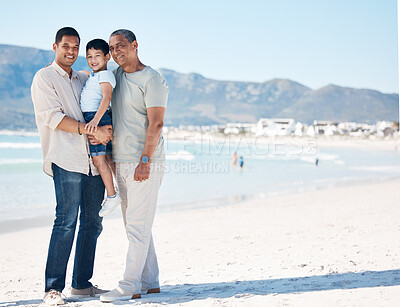 Buy stock photo Mockup, portrait and family at the beach for a vacation, walking by the sea or travel together. Space, Bali and a father, grandfather and a child at the ocean in the morning for a holiday in summer