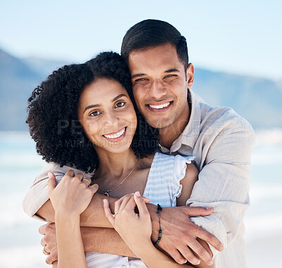 Buy stock photo Happy, couple and portrait on beach in Brazil holiday, vacation or travel for summer break at the ocean, waves or sea. People, smile and love a tropical adventure together for honeymoon or marriage