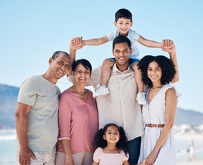 Buy stock photo Beach, big family and portrait together with smile, love and generations embrace on summer holiday in Mexico. Happy parents, grandparents and children on ocean holiday travel in nature with blue sky.