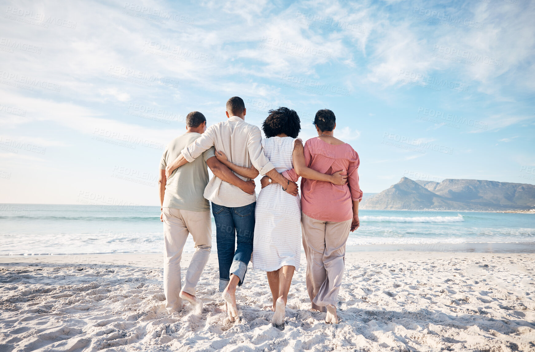 Buy stock photo Back, hug and family at the beach for vacation, travel or relax by the ocean on holiday. Together, care and parents with adult people at the sea during summer for walking, love or support in nature