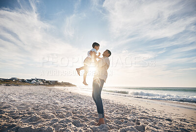 Buy stock photo Blue sky, father and child on beach, playing and bonding together on summer vacation in Hawaii. Sand, sun and ocean, dad and son with playful games on tropical island holiday with love, trust and fun