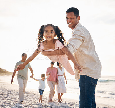 Buy stock photo Beach, swing fun and kid with travel on summer holiday with father bonding and love together. Sea, vacation and smile of a young child with dad and happy by the ocean with support and family care