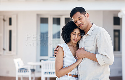 Buy stock photo Love, man and woman hug outdoor at dream house, happiness and support in marriage for property investment real estate owner. Couple, people and holding hands outside home for care and trust 