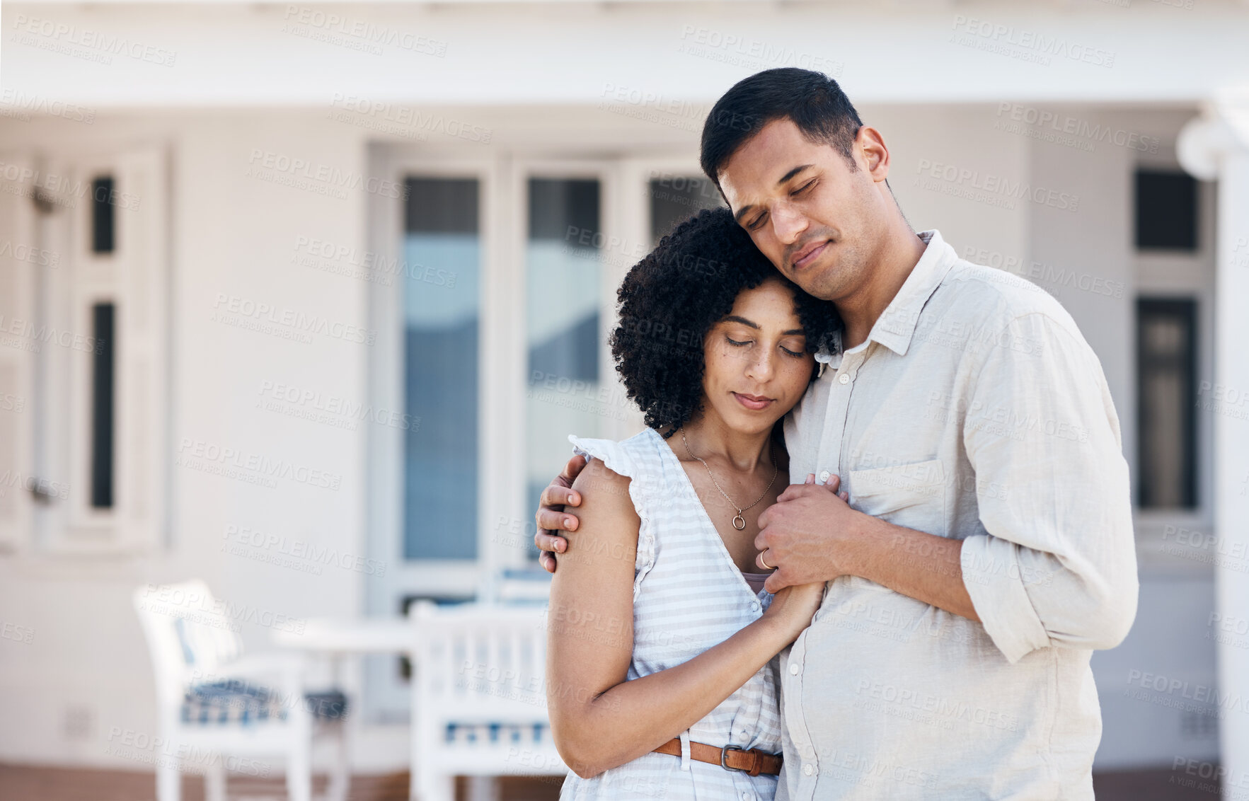 Buy stock photo Love, man and woman hug outdoor at dream house, happiness and support in marriage for property investment real estate owner. Couple, people and holding hands outside home for care and trust 