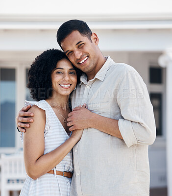 Buy stock photo Couple, man and woman smile and hug outdoor in portrait, care and bond with support in marriage for young homeowners. Life partner, people and holding hands outside a house for happiness and trust 