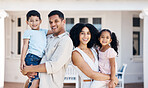New home, parents and portrait of children for house, property mortgage and real estate investment. Homeowner, happy family and mother, father and kids excited for moving day, relocation and rental