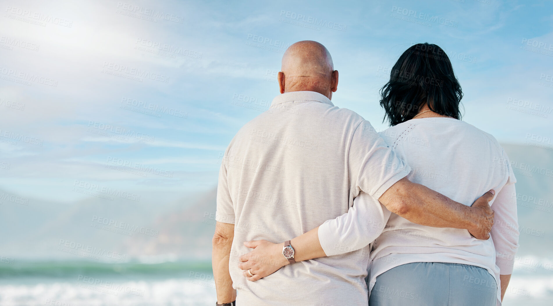 Buy stock photo Space, love and back of old couple at beach for travel, support and summer vacation. Relax, bonding and retirement with senior man and woman hug for trust, health and marriage on banner mockup