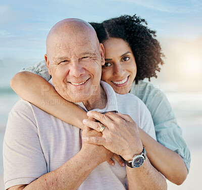 Buy stock photo Beach, portrait and woman with her senior dad on family vacation, holiday or adventure. Happy, smile and young female person hugging her elderly father with love and care by the ocean on weekend trip